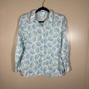 J.Jill Love Linen White Blue Paisley Print Long Sleeve Button Down Blouse size S